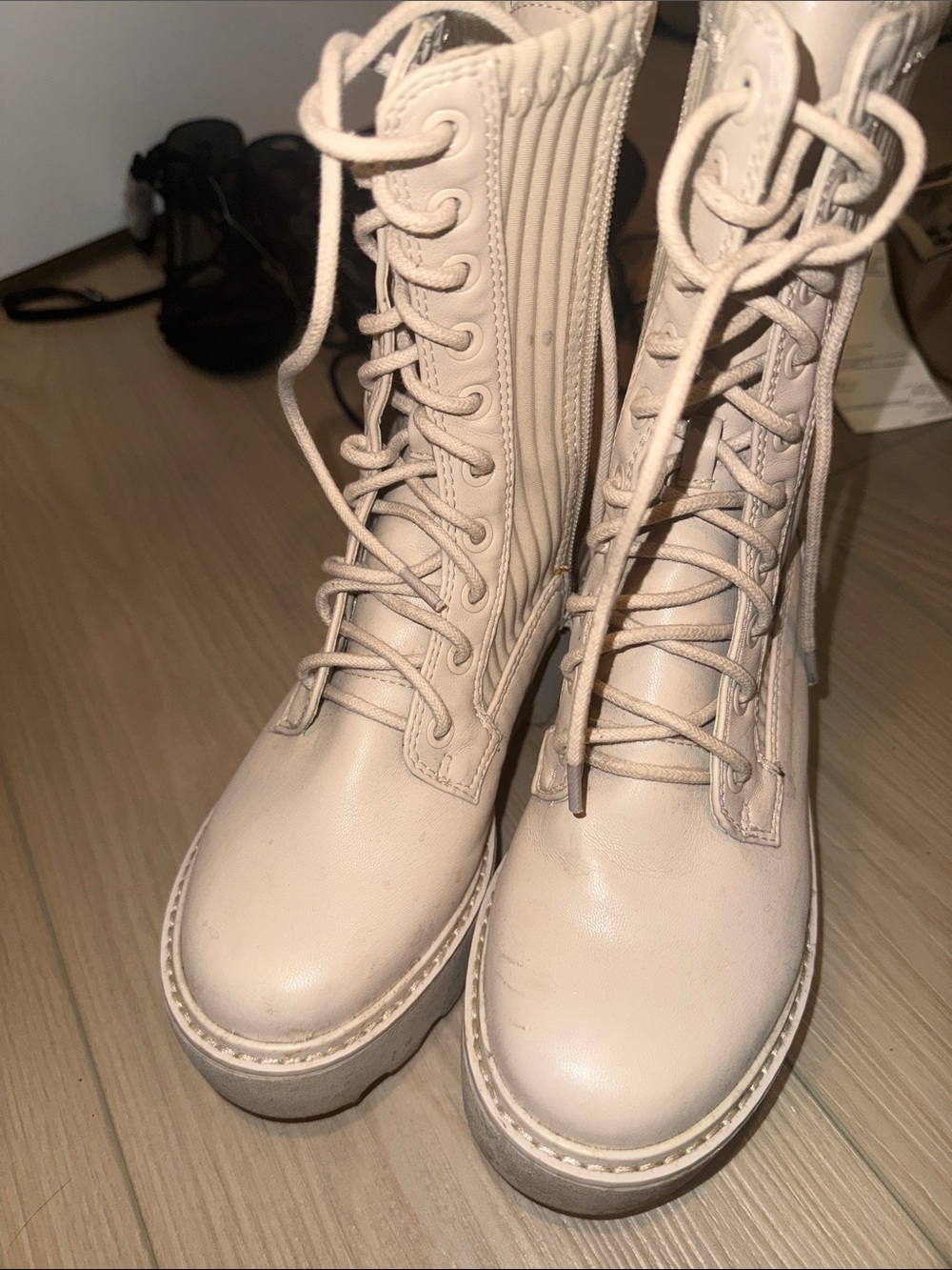 Chunky Lace-Up Ribbed Ankle Boots in Cream